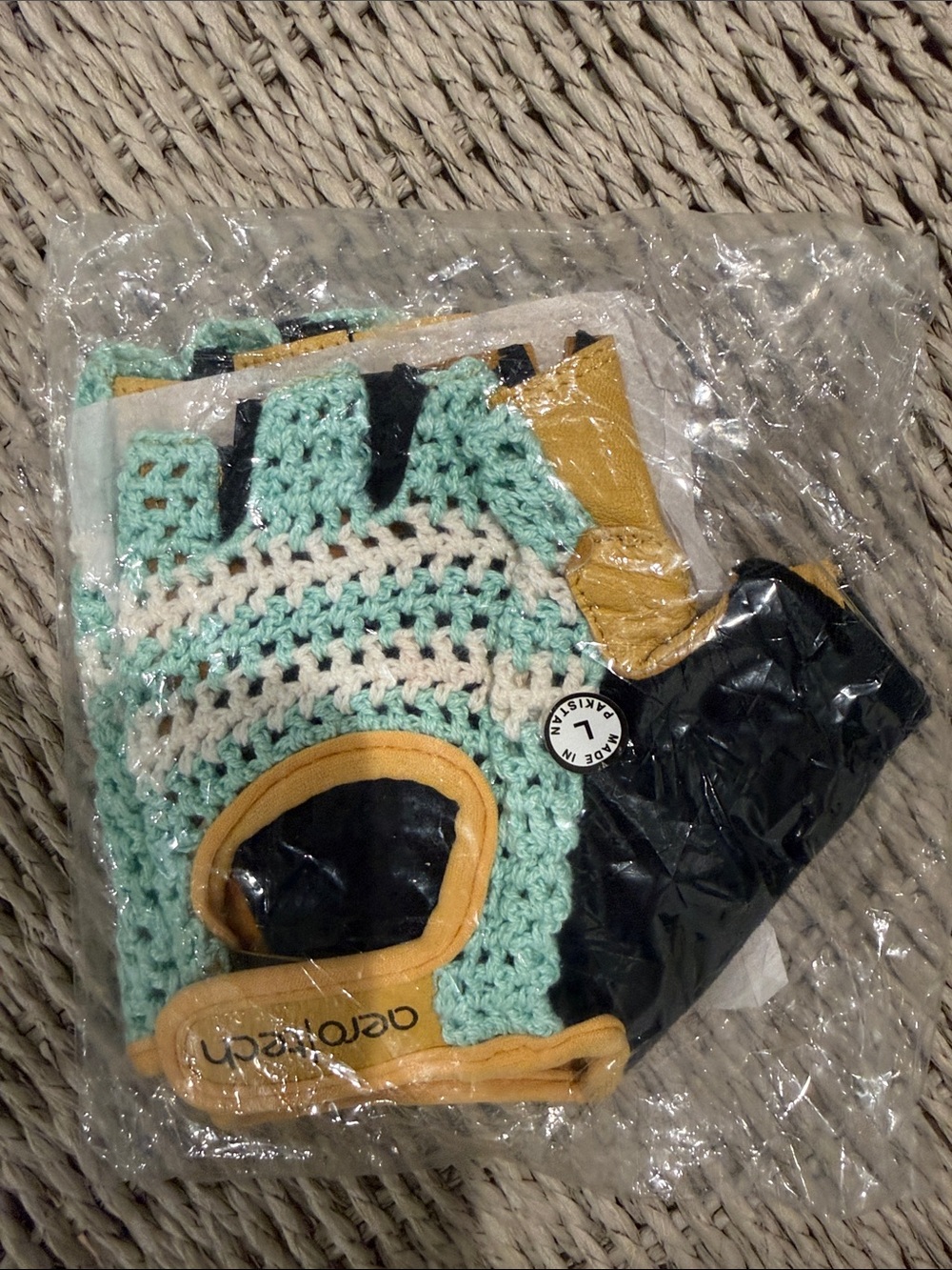 Crocheted Mint & Cream Fingerless cycling Gloves with Tan Trim